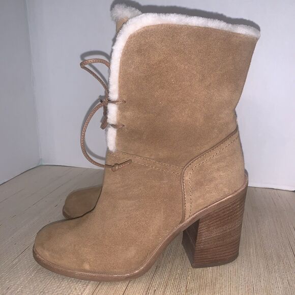 UGG Jerene Bootie Brown Suede Lace Up Block Heel Sheepskin Shearling Lined 8.5 - Picture 14 of 15